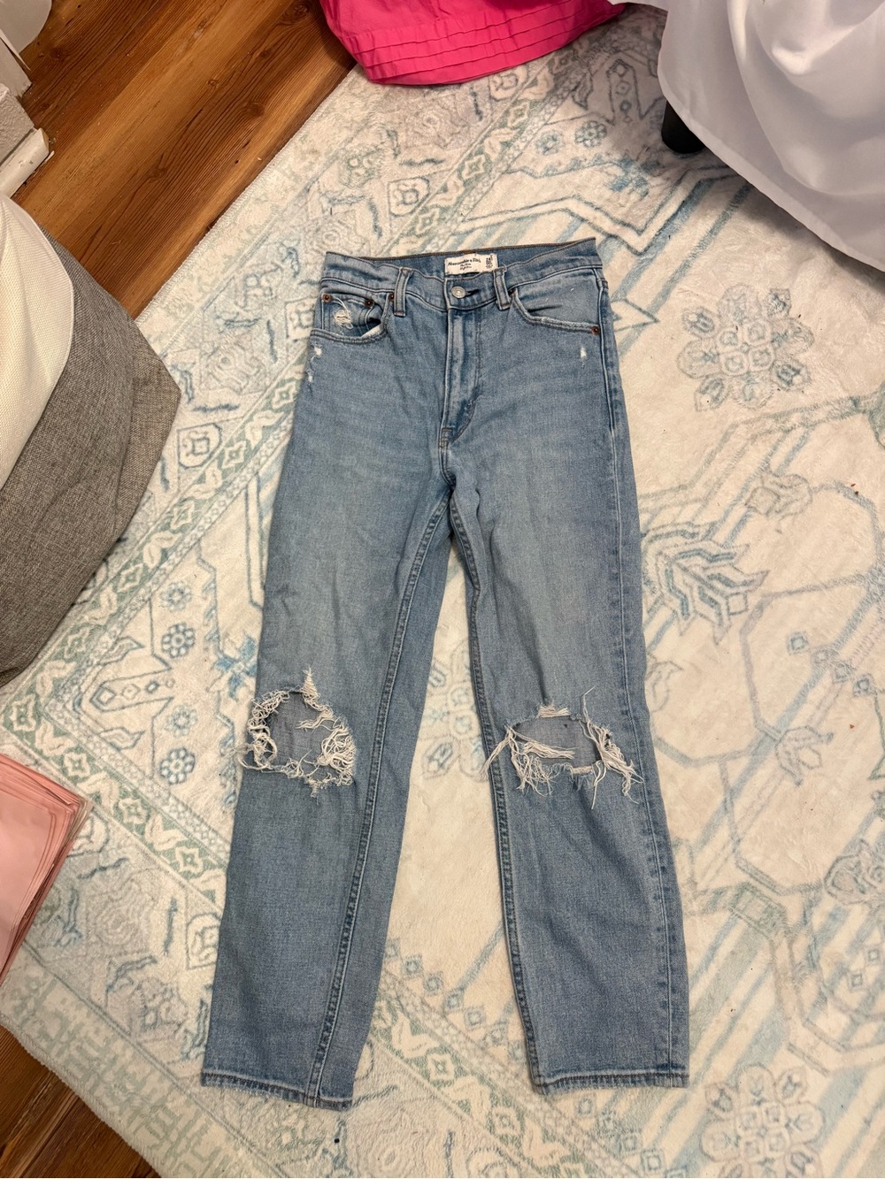 Abercrombie & Fitch Light Blue Ripped Straight-Leg Jeans
